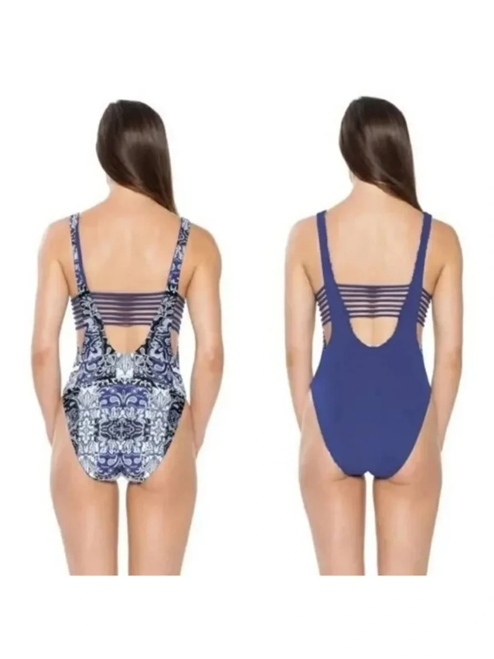 BECCA VIRTUE Women's Blue Americana Reversible One Piece Swimsuit Strappy Back M